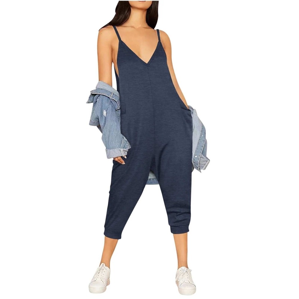 Blue Jersey Jumpsuit Capri Rompers Front Pockets Adjustable Straps Size XXL